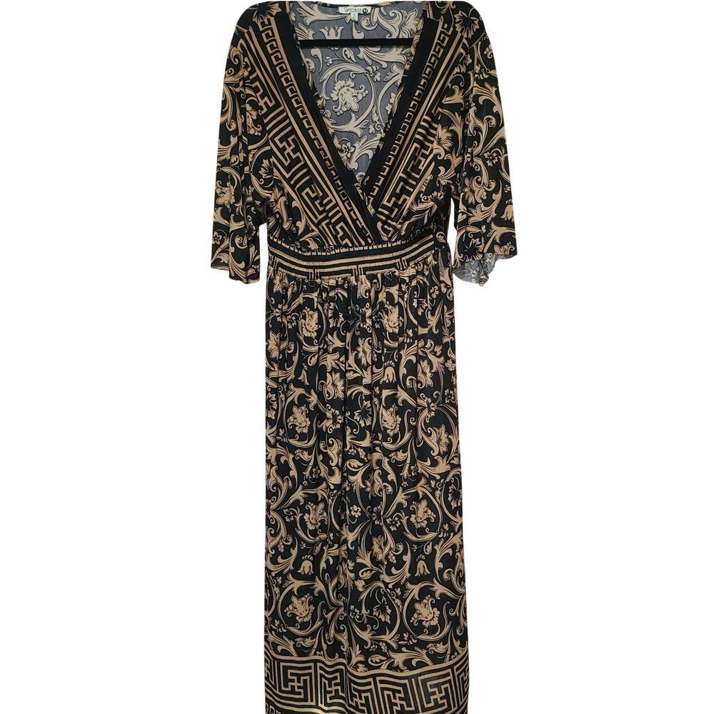 Sapogee Plus Size 2X Maxi Dress Tan Black Geometric Scroll Print Sleeveless Long